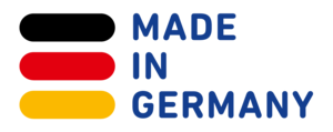 Logo Made in Germany in blauer Schrift.